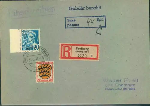 1948, R-Brief ab "FREIBURG 31.5.48" mit Teilbar-Frankatur "Taxe percue"