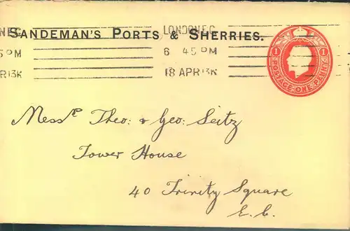 1913, 1 Penny stationeryenvelpüe advertising ""SANDEMAN' S PORTS & SHERRIES