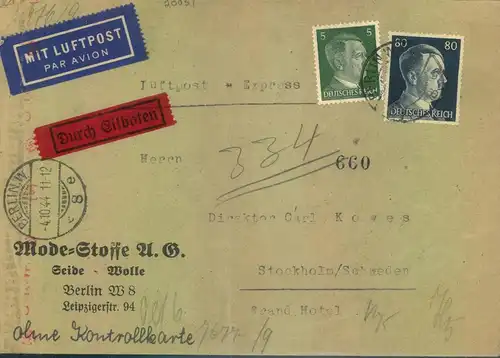 1944, Eilbrief per Luftpost von Berlin 8 per Luftpost nach Stockholm. Seltene 85 Rpf. Frankatur