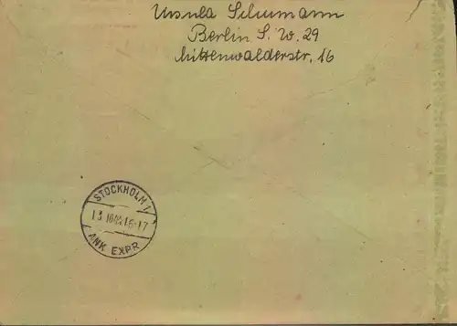 1944, Eilbrief per Luftpost von Berlin 8 per Luftpost nach Stockholm. Seltene 85 Rpf. Frankatur