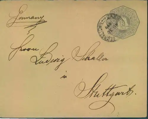 1899, 5 Cent stationery cover from GEORGETOWN to Stuttgart, Württemberg