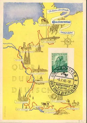 19449, Sonderkarte zur "Radfernfahrt durch Deutschland" mit entsprechender 20 Pfg. Sondermarke