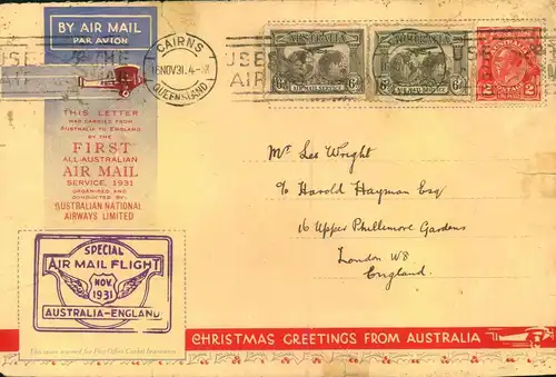 1931, "SPECIAL AIR MAIL FLIGHT AUSTRALIA-ENGLAND" from Cairns tor London. Some traces of age and transportation.