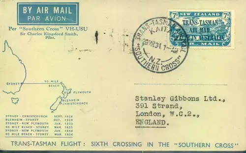 1934, "TRANS-TASMAN FLIGHT" with special cancellation "KATAIA SOUTHERN CROOS" and stamp addressed to London