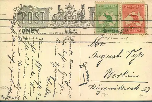 1920, picture postcard with 1/2 and 1 d Roos tied by machine cancellation of SYDNEY