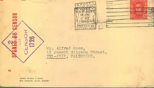 1943, censored cover from SYDNEY to TEL AVIV, Palestine