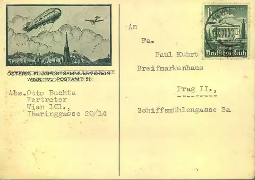 1941, Sonderkarte "Österr. Flugpostsammlerverein", Bedarfskarte nach Prag.