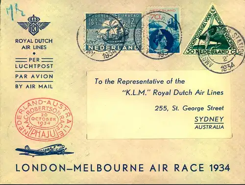 1934: NEDERLAND-AUSTRALIA Mac Robertson Race cover "Royal Dutch Air Lines" airmail to SYDNEY