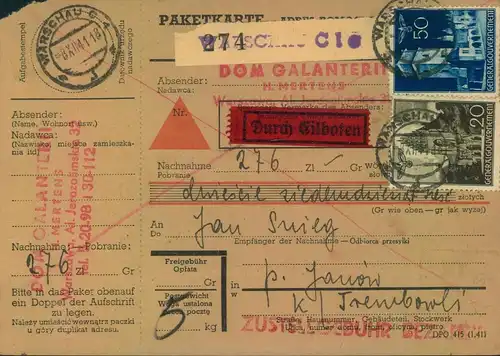 1940,GENERALGOUVERNEMENT, hoch frankierte Eil-Paketkarte ab "WARSCHAU C 4"
