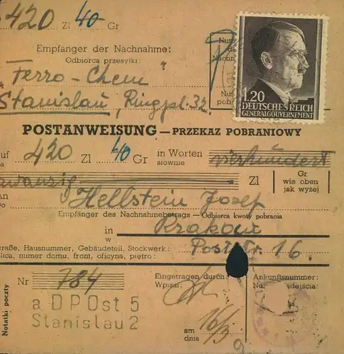 1940,GENERALGOUVERNEMENT, Postanweisung ab STANISLAU, seltene Verwendung