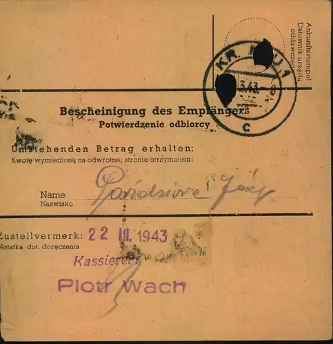 1940,GENERALGOUVERNEMENT, Postanweisung ab STANISLAU, seltene Verwendung