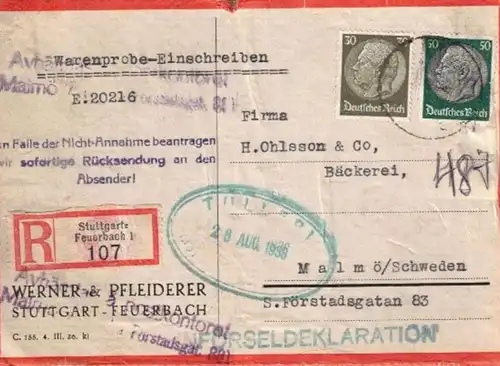 1938, Adressträger frü ein WARENPROBE-EINSCHREIBEN ab STUTTGART-FEUERBACH nach Scxhweden. Sehr seltene Portostufe. Klein