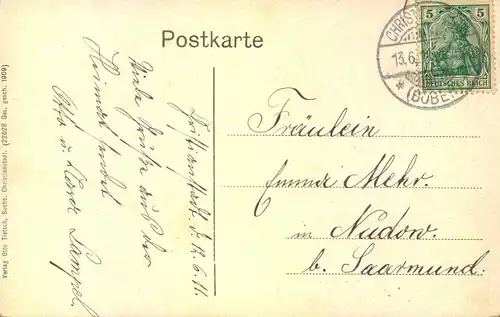 CHRISTIANSTADT/ Bober, poln. Krzystkowice, gel.1911, Markt, Südseite, Kirchturm, Fenster leuchten golden b. Lichteinfall
