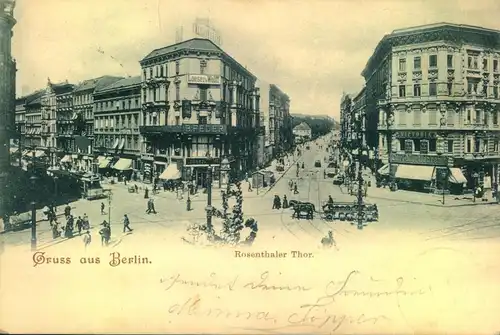 BERLIN, 1902, Rosenthaler Thor, gelaufen, Gebrauchsspuren, Pferdefuhrwerk m. Bierfässer, Straßenbahn