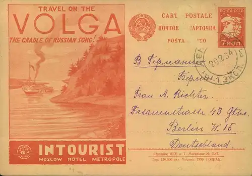 1934, 7 Kop. stationery card advertising Volga travel INTOURIST used