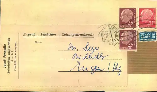 1955, Päckchenadresse mit Heuss-Frankatur und NoB ab KONSTANZ