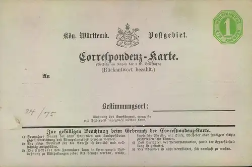 1871, 1 Kreuzer Correspndent -Karte sauber ungebraucht