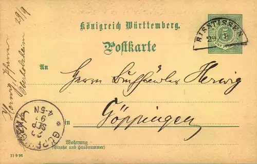 1897, RISSTISSEN, seltener Segmentstempel auf 5 Pfg. Ganzsachenkarte