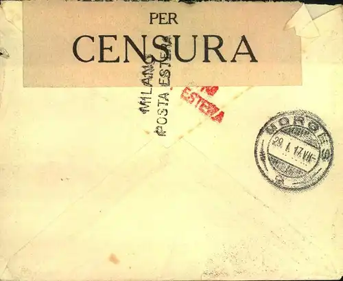 1917,. Brief von MILANO mit Zensur in die Schweiz