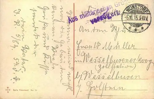 1916, Feldpostkarte aus WUNSDORF "Aus militärischen Gründen verzögert2 "