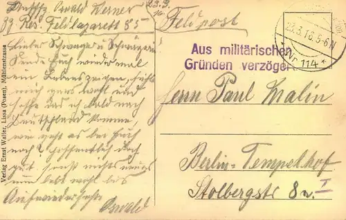 1916, Feldpostkarte nach Berlin, "Aus militärischen Gründen verzögert"