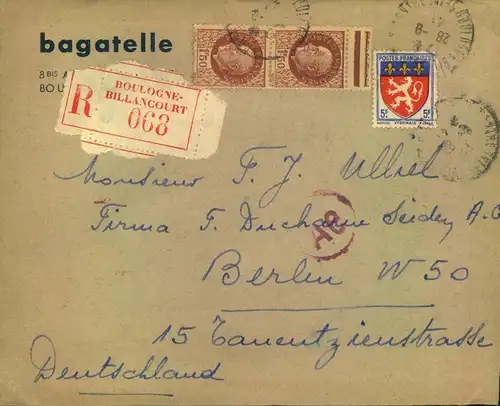 1943, R-Brief  an einen Franzosen in Firma "Duchanoe Seiden AG" in Berlin