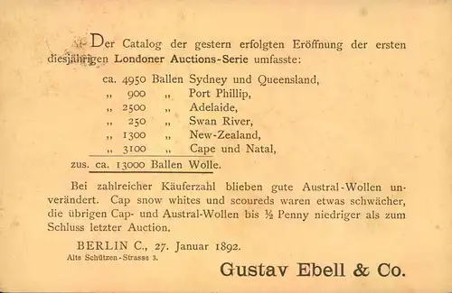 1892, Privatganzsachenkarte  Wollauktion   G. Ebel, Berlin