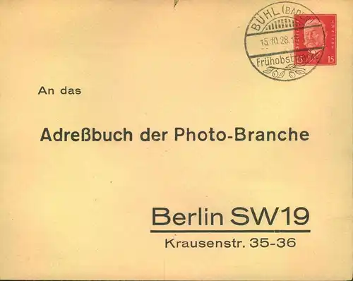 1928.,    Privatganzsache an "Adressbuch der Photoindustrie"