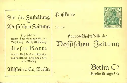 1910 ca.,    Privatganzsachenkarte sld Bestellkarte der Vossíschen Zeitung