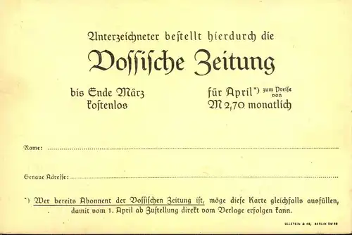 1910 ca.,    Privatganzsachenkarte sld Bestellkarte der Vossíschen Zeitung