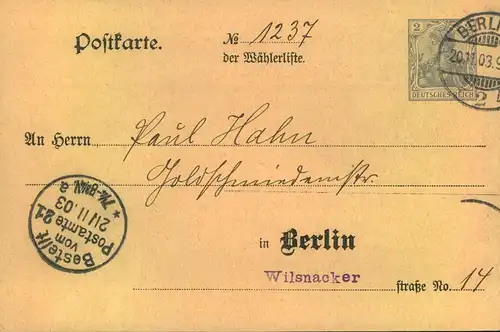 1903,  Privatganzsachenkarte  Wahlkarte zur Stadtverordnetenwahl in Berlin