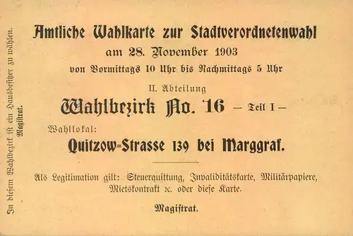 1903,  Privatganzsachenkarte  Wahlkarte zur Stadtverordnetenwahl in Berlin