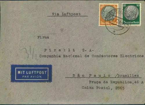 1938, Luftpostbrief ab WUPPERTAL nach Sao Paulo