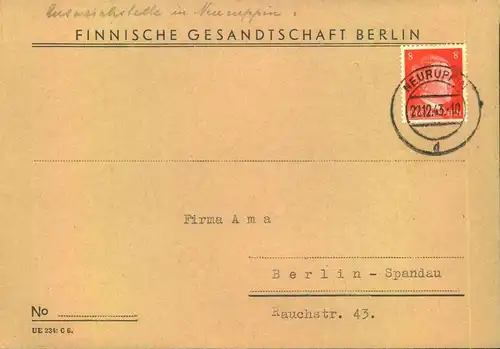 1944, Brief der Finnischen Gesandtschaft ab Neuruppin nach Berlin