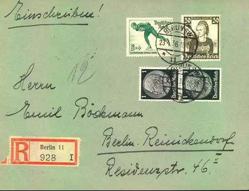 1938, portogerechter Orts-R-Brief ab BERLIN 11