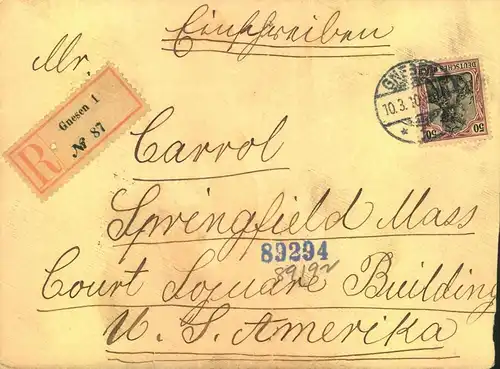 1910, Einschreiben ab Gnesen  nach USA, '''dekorative EF