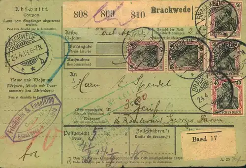 1913, Paketkarte ab BRACKWEDE mit Germania MeF nach