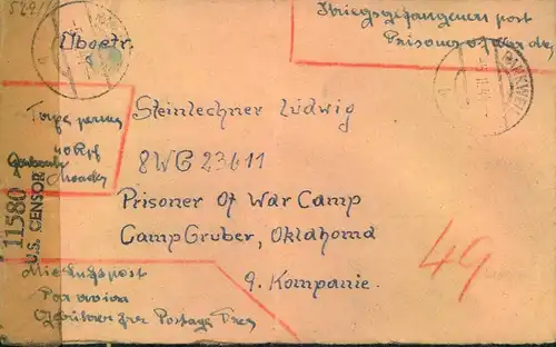 1944 ca.,  Kriegsgefangenenbrief "POW" per Luftpost "taxe percue" nacghCamo Gruer, Okjahoma.