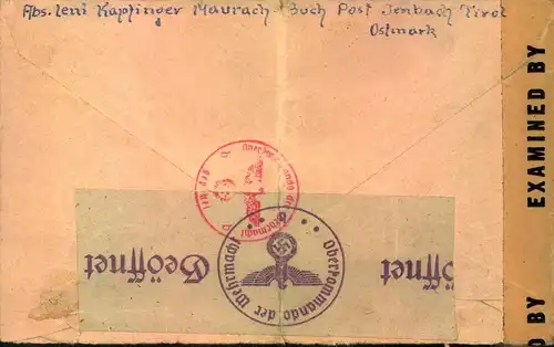 1944 ca.,  Kriegsgefangenenbrief "POW" per Luftpost "taxe percue" nacghCamo Gruer, Okjahoma.