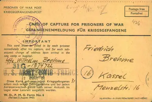 1945,Kriegsgefangenenpost "P.O.W.,   ""Card of Capture" von deutschem Soldaten 2. Mai45