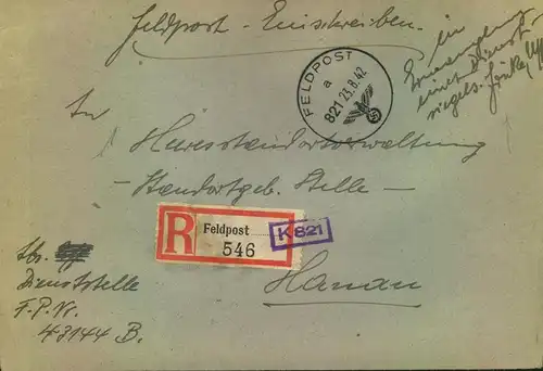 1942, Feldposteinschreiben (K821) von FP-Nummer 43144