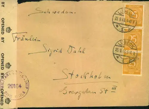 1946, Auslandsbrief mit MeF 25 Pfg. Ziffer ab LÖBECK.