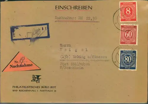 1947, Einschreiben / Nachnahme mit besserer 148Pfg. Frankatur ab BAD REICHENHALL