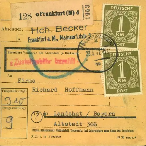 1947, Hoch frankierte Paketkarte ab FRANKFURT (M)