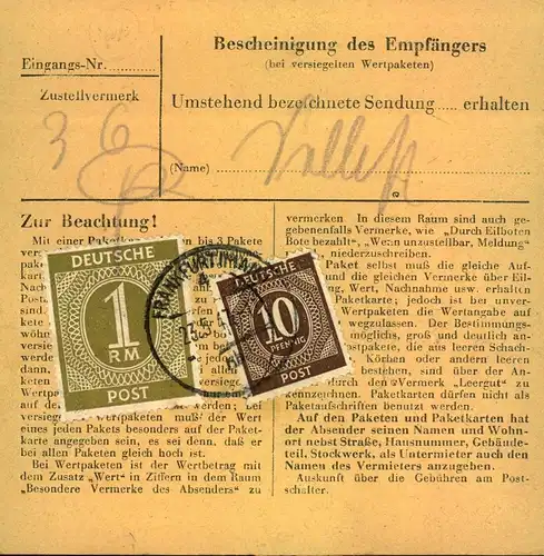1947, Hoch frankierte Paketkarte ab FRANKFURT (M)