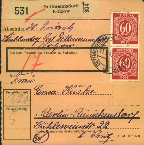 1947,PakEtkartE mIt MeF 40 Pfg. Ziffer ab "DETTMANSDORF-KÖTZÖW
