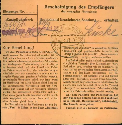 1947,PakEtkartE mIt MeF 40 Pfg. Ziffer ab "DETTMANSDORF-KÖTZÖW