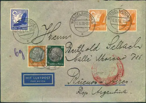 1938, Luftpostbrief von WERMELSKIRCHEN nach Argentinien