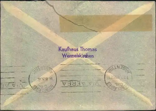 1938, Luftpostbrief von WERMELSKIRCHEN nach Argentinien