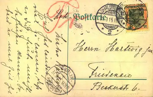 1915, 25 Pfg. Germania auf Rohrpostkarte ab CHARLOTTENBURG